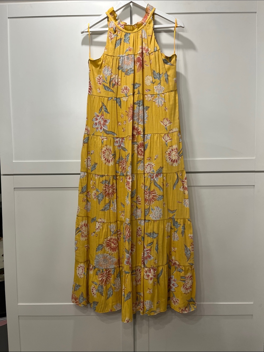 Wonderly Yellow Floral Tiered High Ruffle Neck Maxi Dress with Pockets